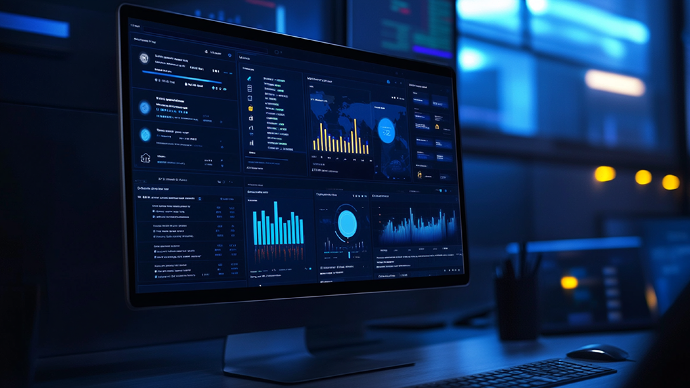 A darkened room with a computer screen displaying some graphs and charts.